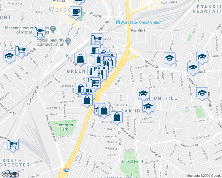 map of restaurants, bars, coffee shops, grocery stores, and more near 6 Jefferson Street in Worcester