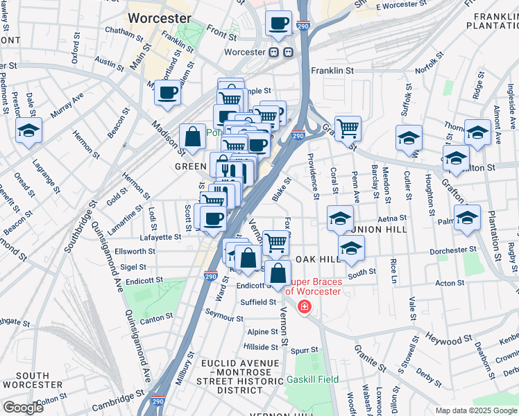 map of restaurants, bars, coffee shops, grocery stores, and more near 6 Jefferson Street in Worcester
