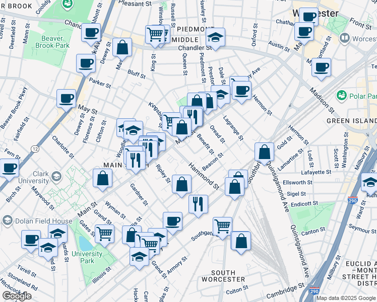 map of restaurants, bars, coffee shops, grocery stores, and more near 12 Hammond Street in Worcester