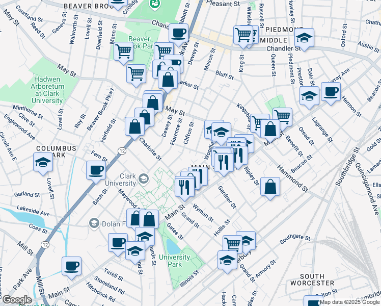map of restaurants, bars, coffee shops, grocery stores, and more near 114 Woodland Street in Worcester