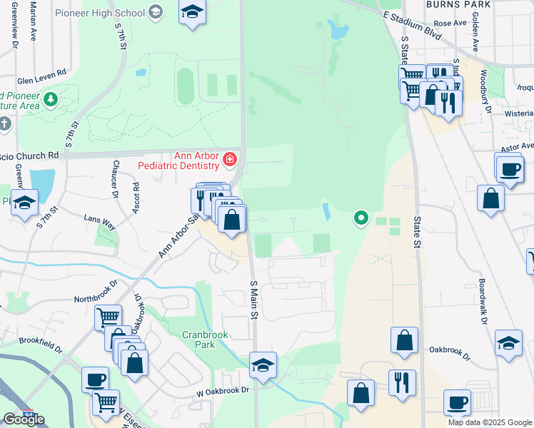 map of restaurants, bars, coffee shops, grocery stores, and more near 2295 South Main Street in Ann Arbor