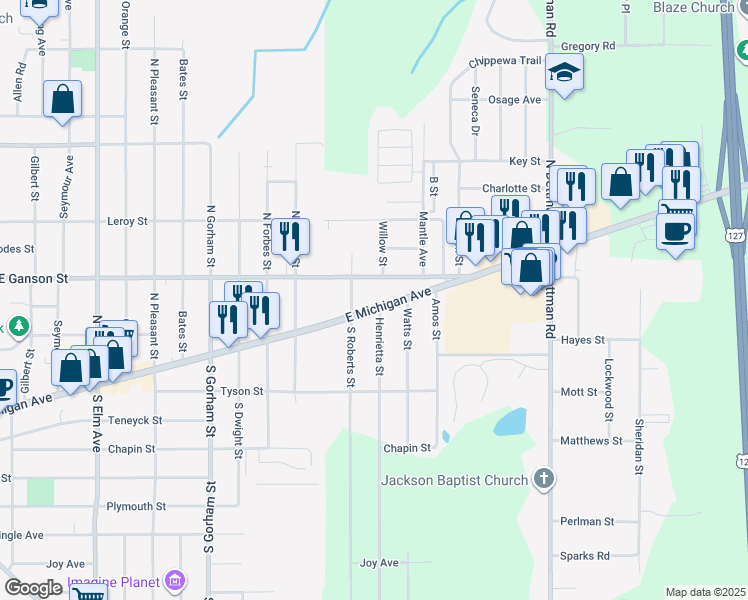 map of restaurants, bars, coffee shops, grocery stores, and more near 113 Henrietta Street in Jackson