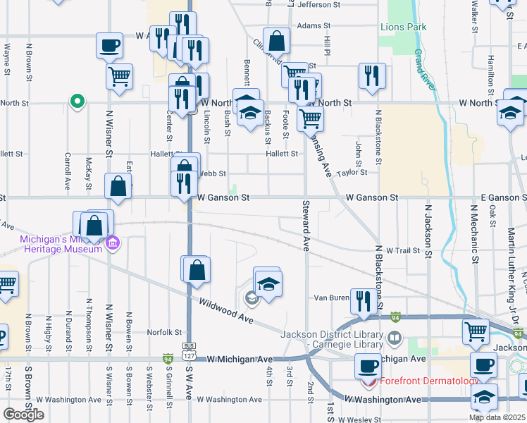 map of restaurants, bars, coffee shops, grocery stores, and more near 611 Oakhill Avenue in Jackson