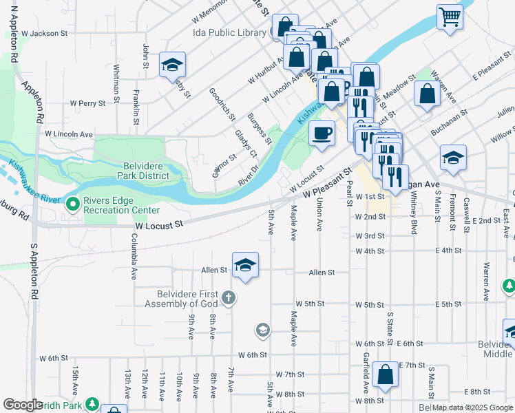map of restaurants, bars, coffee shops, grocery stores, and more near 634 West Locust Street in Belvidere