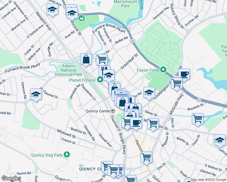 map of restaurants, bars, coffee shops, grocery stores, and more near 1 Adams Street in Quincy