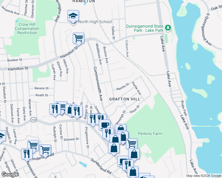 map of restaurants, bars, coffee shops, grocery stores, and more near 74 Boston Avenue in Worcester