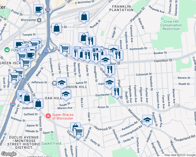 map of restaurants, bars, coffee shops, grocery stores, and more near 47 Houghton Street in Worcester