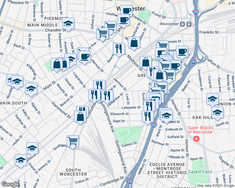 map of restaurants, bars, coffee shops, grocery stores, and more near 100 Lamartine Street in Worcester
