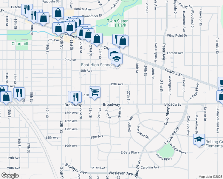 map of restaurants, bars, coffee shops, grocery stores, and more near 1406 25th Street in Rockford