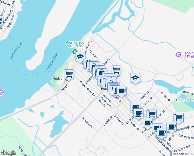 map of restaurants, bars, coffee shops, grocery stores, and more near 215 Warren Street in Hudson