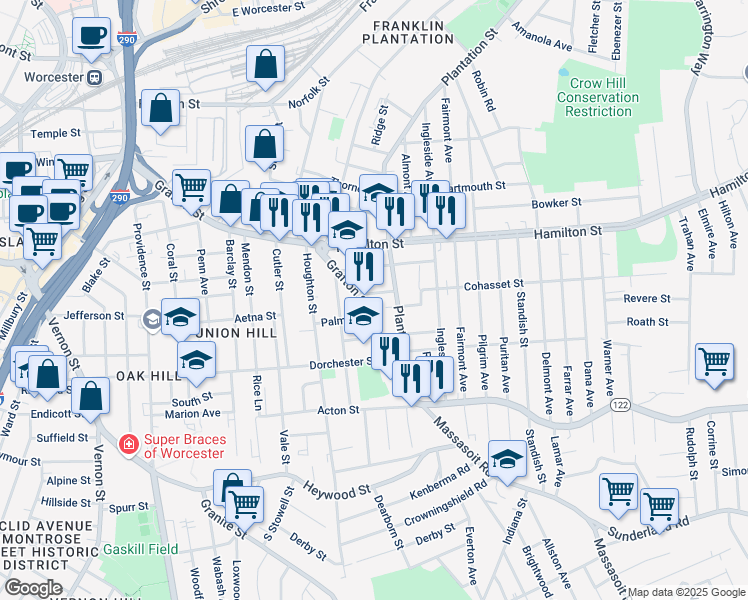 map of restaurants, bars, coffee shops, grocery stores, and more near 413 Grafton Street in Worcester