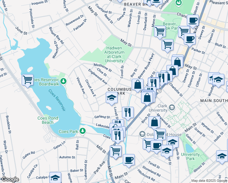 map of restaurants, bars, coffee shops, grocery stores, and more near 117 Lovell Street in Worcester