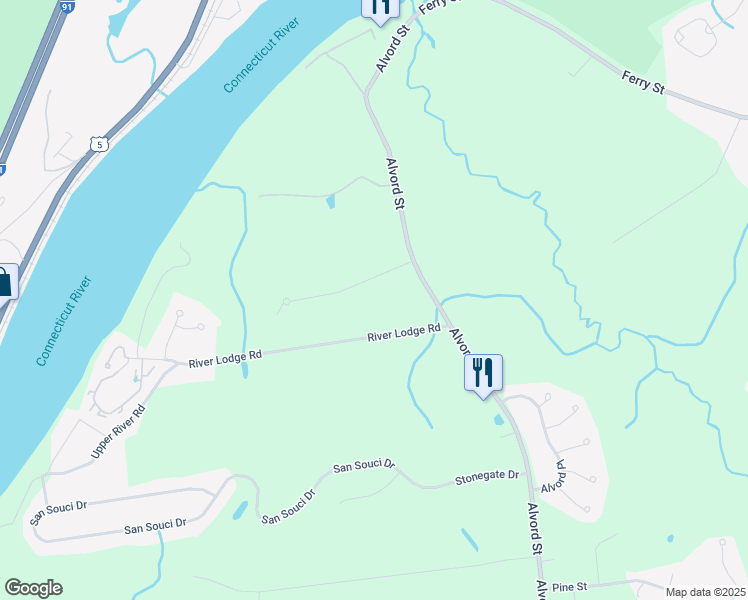 map of restaurants, bars, coffee shops, grocery stores, and more near 1-159 River Lodge Rd in South Hadley