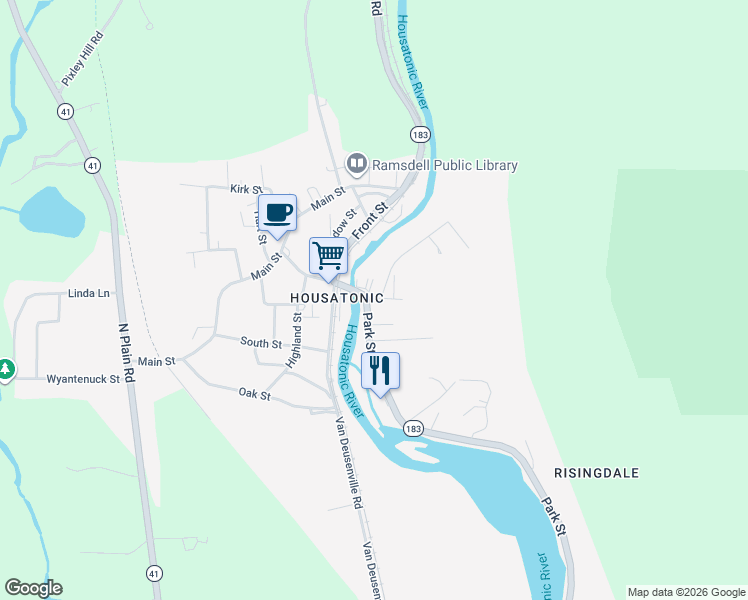 map of restaurants, bars, coffee shops, grocery stores, and more near 395 Park Street in Great Barrington