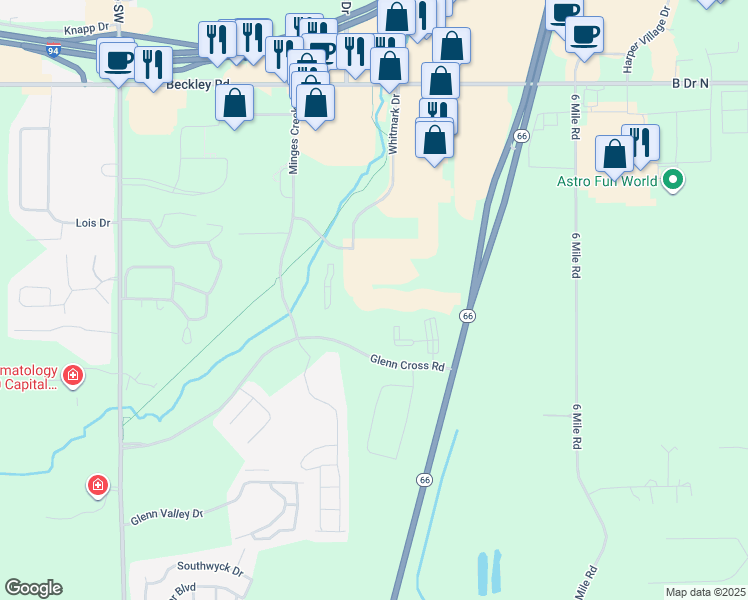 map of restaurants, bars, coffee shops, grocery stores, and more near 5695 Glenn Cross Road in Battle Creek