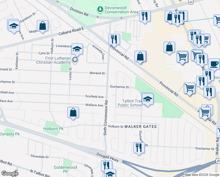 map of restaurants, bars, coffee shops, grocery stores, and more near 3960 Concession Road 6 in Windsor