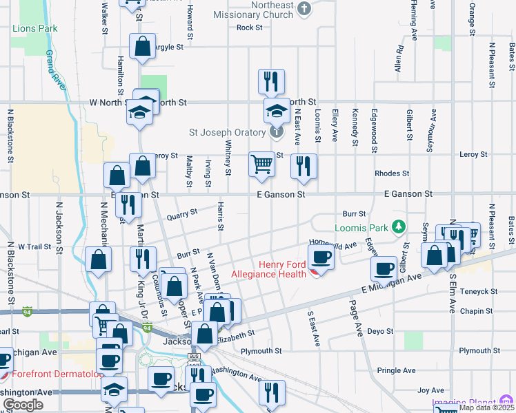 map of restaurants, bars, coffee shops, grocery stores, and more near 527 North State Street in Jackson