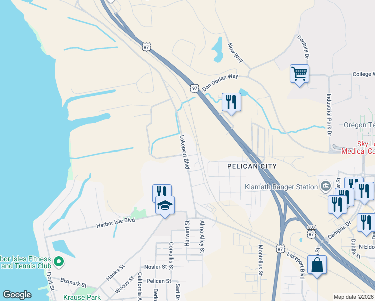 map of restaurants, bars, coffee shops, grocery stores, and more near 3544 Lakeport Boulevard in Klamath Falls