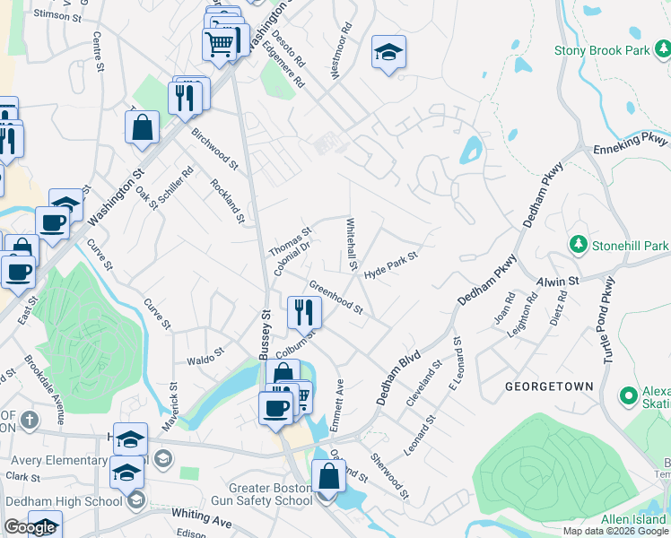map of restaurants, bars, coffee shops, grocery stores, and more near 52 Greenhood Street in Dedham