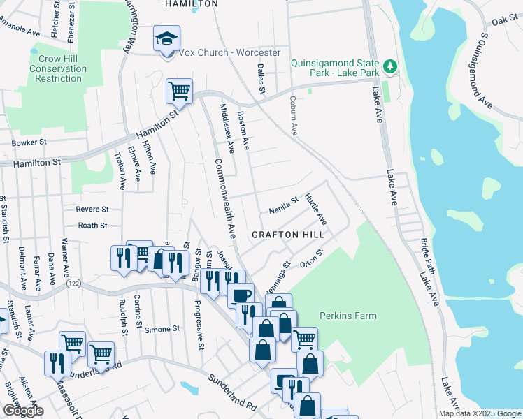 map of restaurants, bars, coffee shops, grocery stores, and more near 87 Middlesex Avenue in Worcester