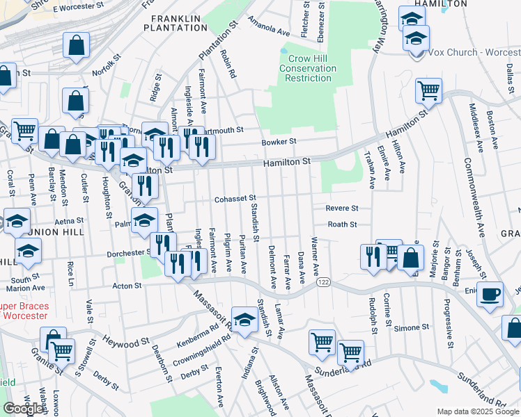 map of restaurants, bars, coffee shops, grocery stores, and more near 33 Standish Street in Worcester