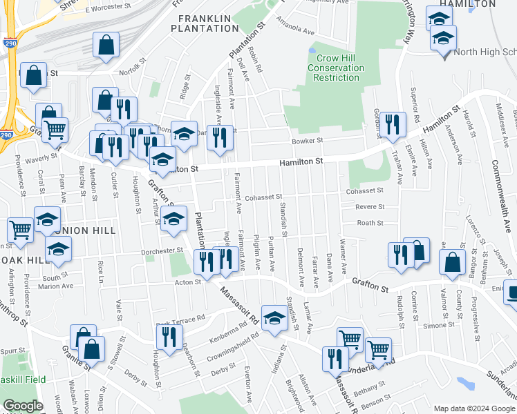 map of restaurants, bars, coffee shops, grocery stores, and more near 161 Pilgrim Avenue in Worcester