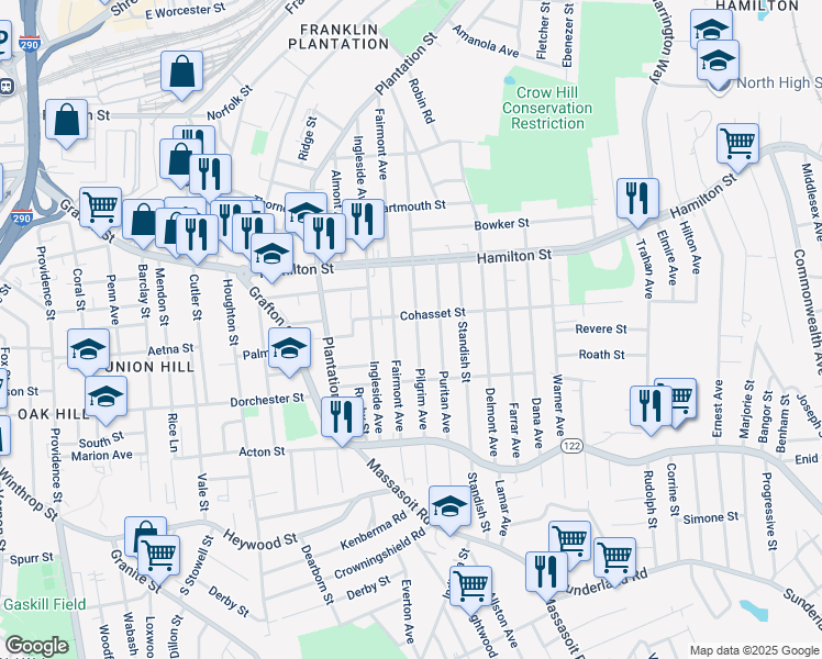 map of restaurants, bars, coffee shops, grocery stores, and more near 161 Pilgrim Avenue in Worcester