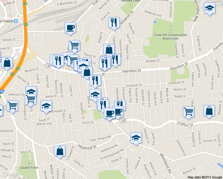 map of restaurants, bars, coffee shops, grocery stores, and more near 7 Village Street in Worcester