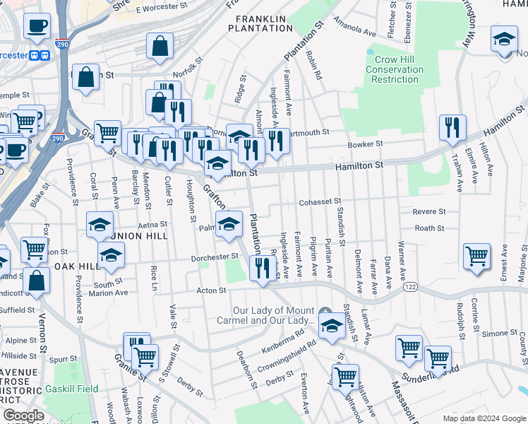 map of restaurants, bars, coffee shops, grocery stores, and more near 7 Village Street in Worcester