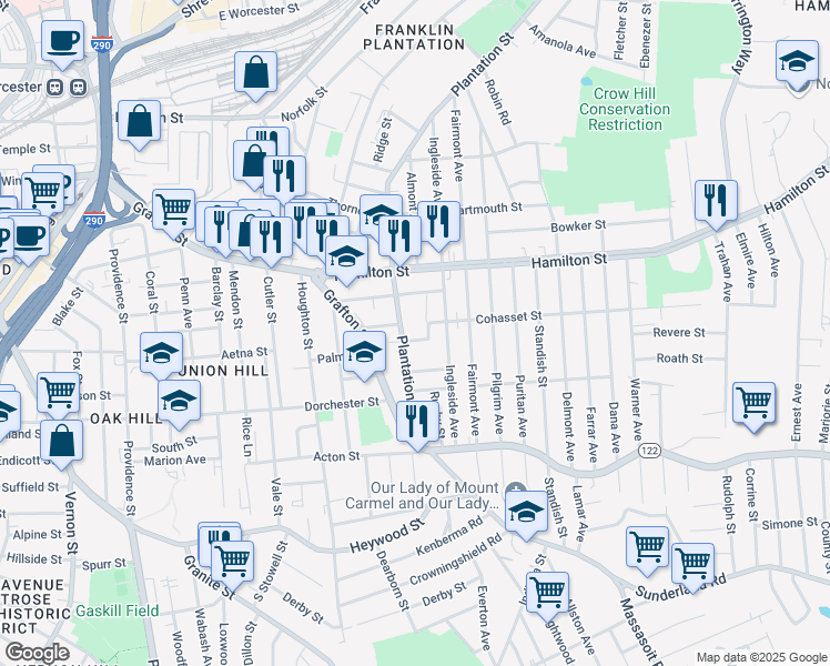 map of restaurants, bars, coffee shops, grocery stores, and more near 7 Village Street in Worcester