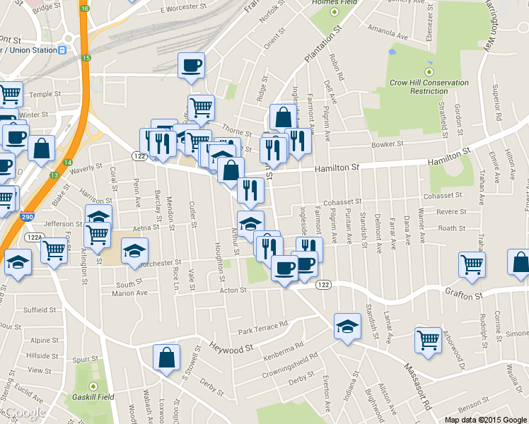 map of restaurants, bars, coffee shops, grocery stores, and more near 413 Grafton Street in Worcester