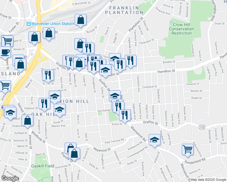 map of restaurants, bars, coffee shops, grocery stores, and more near 413 Grafton Street in Worcester