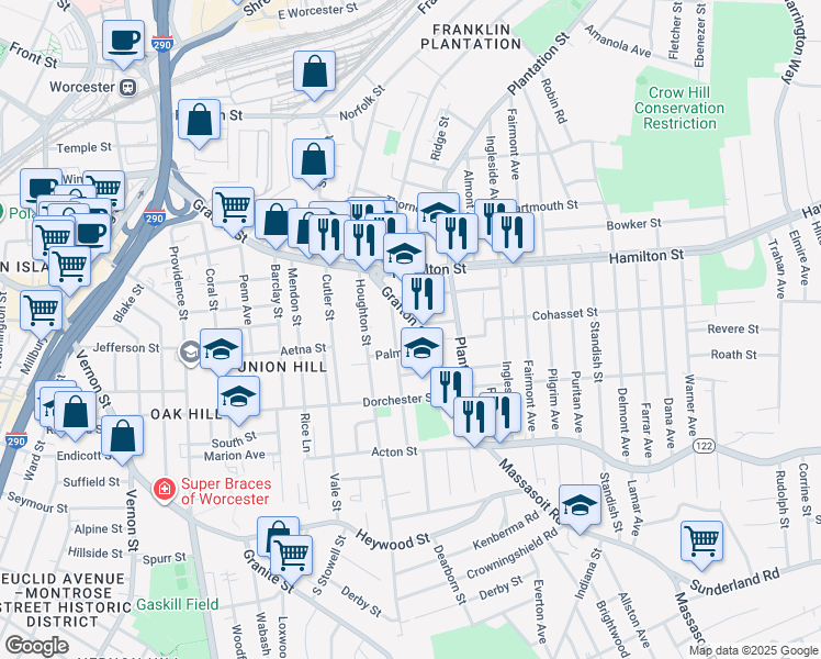 map of restaurants, bars, coffee shops, grocery stores, and more near 16 Palm Street in Worcester
