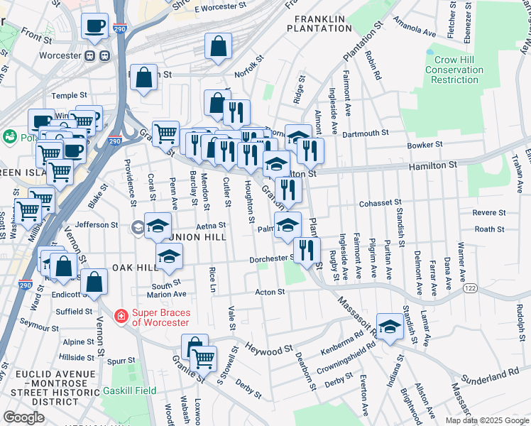 map of restaurants, bars, coffee shops, grocery stores, and more near 47 Houghton Street in Worcester