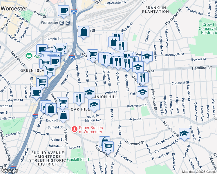 map of restaurants, bars, coffee shops, grocery stores, and more near in Worcester