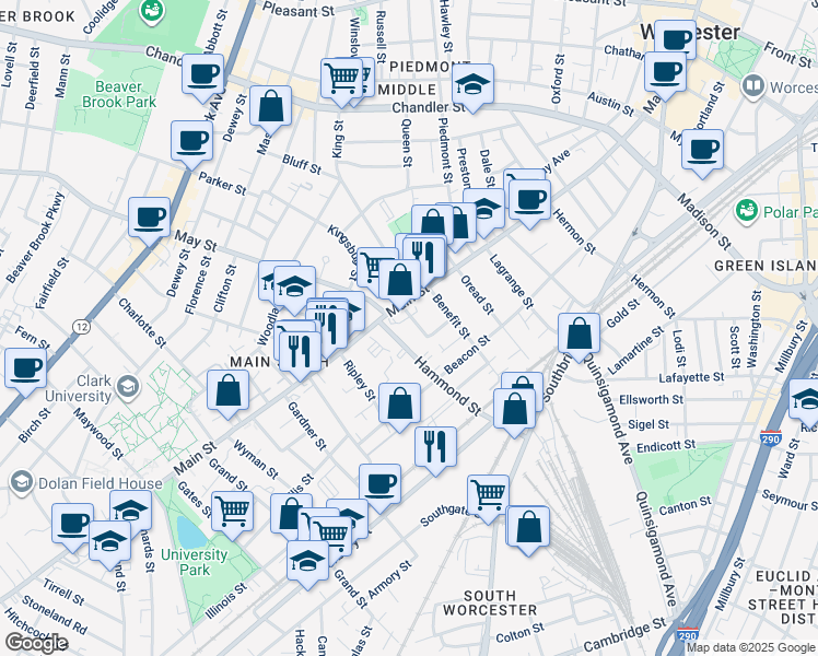 map of restaurants, bars, coffee shops, grocery stores, and more near 12 Hammond Street in Worcester
