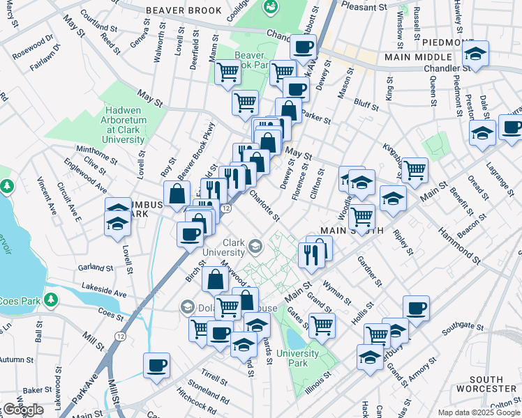 map of restaurants, bars, coffee shops, grocery stores, and more near 74 Downing Street in Worcester