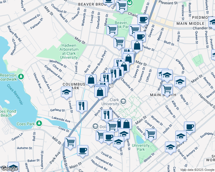 map of restaurants, bars, coffee shops, grocery stores, and more near 488 Park Avenue in Worcester