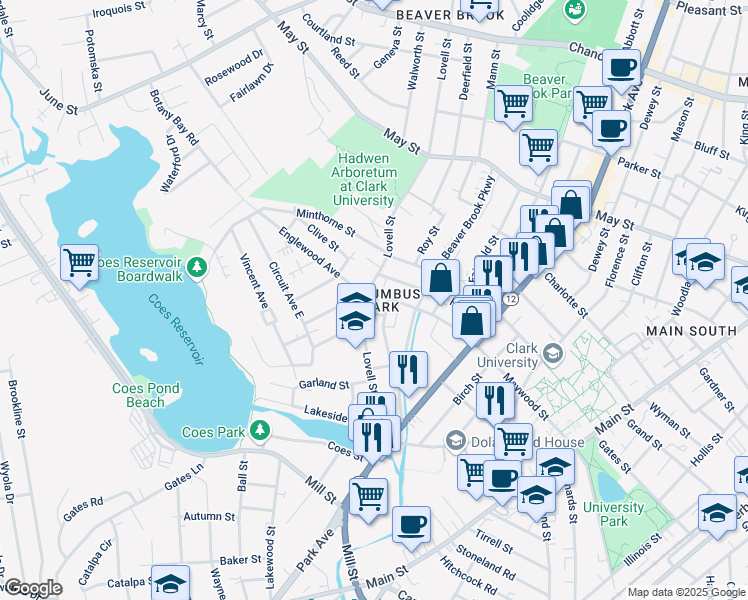 map of restaurants, bars, coffee shops, grocery stores, and more near 5 Becket Street in Worcester
