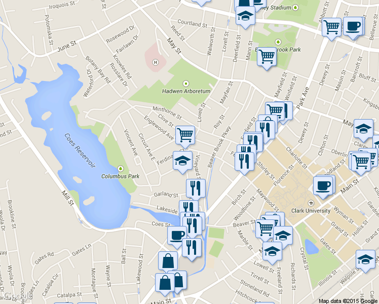 map of restaurants, bars, coffee shops, grocery stores, and more near 5 Becket Street in Worcester