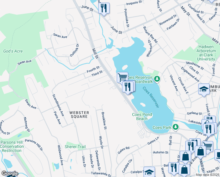 map of restaurants, bars, coffee shops, grocery stores, and more near 267 Mill Street in Worcester