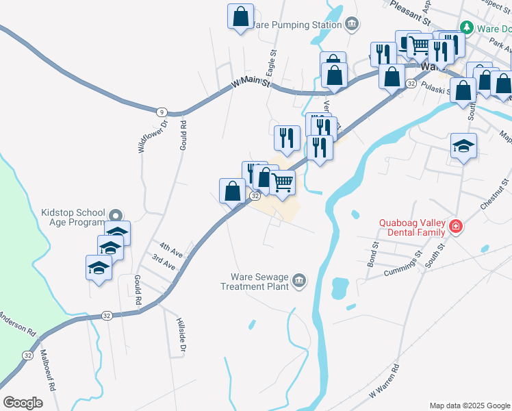 map of restaurants, bars, coffee shops, grocery stores, and more near 14 Homecrest Avenue in Ware
