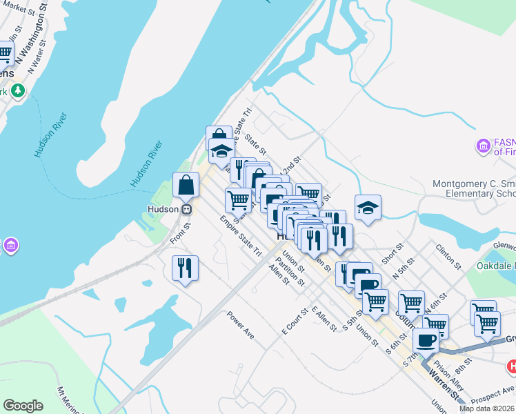 map of restaurants, bars, coffee shops, grocery stores, and more near 209-211 Union Street in Hudson
