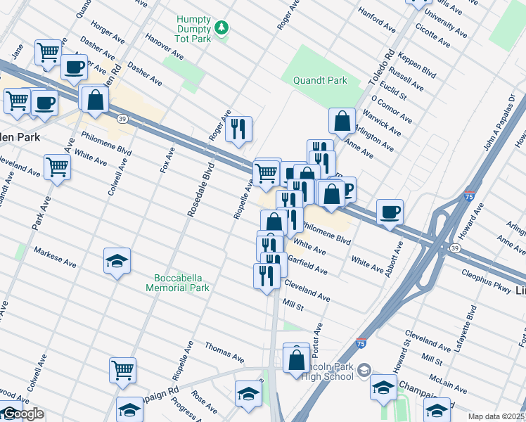 map of restaurants, bars, coffee shops, grocery stores, and more near 2104 White Avenue in Lincoln Park