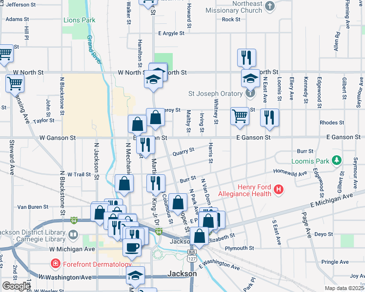 map of restaurants, bars, coffee shops, grocery stores, and more near 409 Quarry Street in Jackson