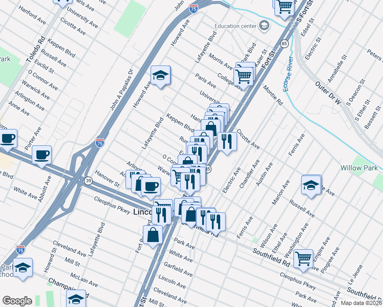 map of restaurants, bars, coffee shops, grocery stores, and more near 1556 Fort Street in Lincoln Park