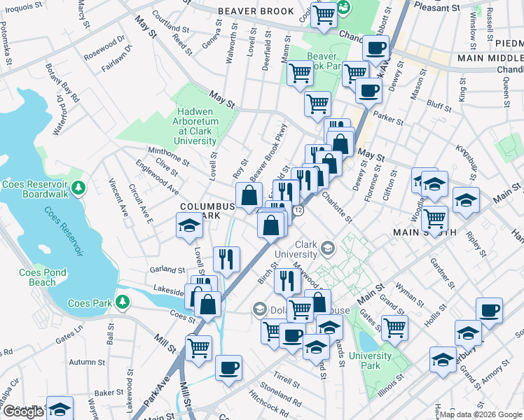 map of restaurants, bars, coffee shops, grocery stores, and more near 15 Fern Street in Worcester