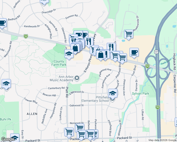 map of restaurants, bars, coffee shops, grocery stores, and more near 2301 South Huron Parkway in Ann Arbor