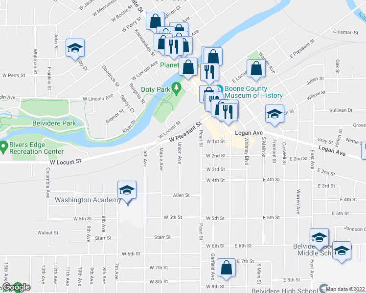 map of restaurants, bars, coffee shops, grocery stores, and more near 616 Union Avenue in Belvidere