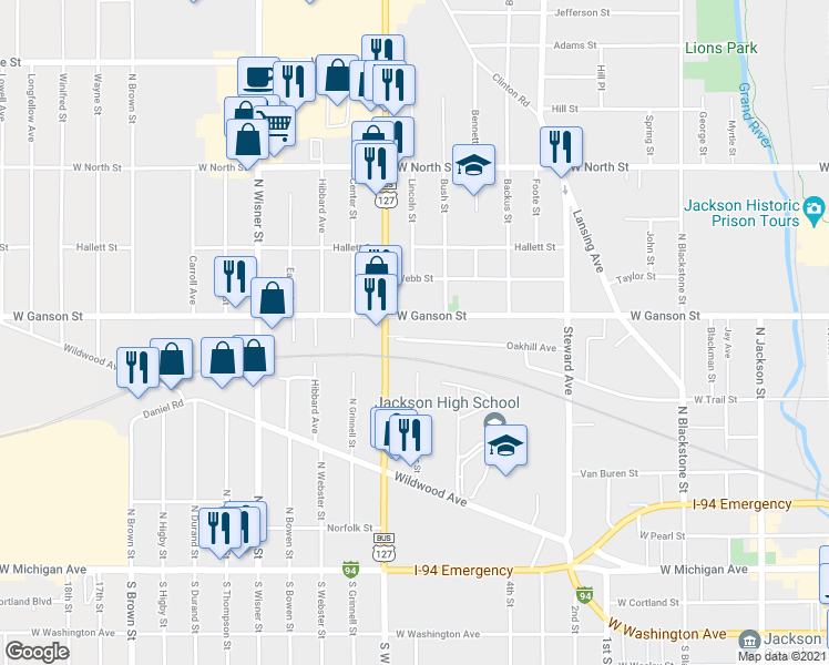 map of restaurants, bars, coffee shops, grocery stores, and more near 704 Oakhill Avenue in Jackson